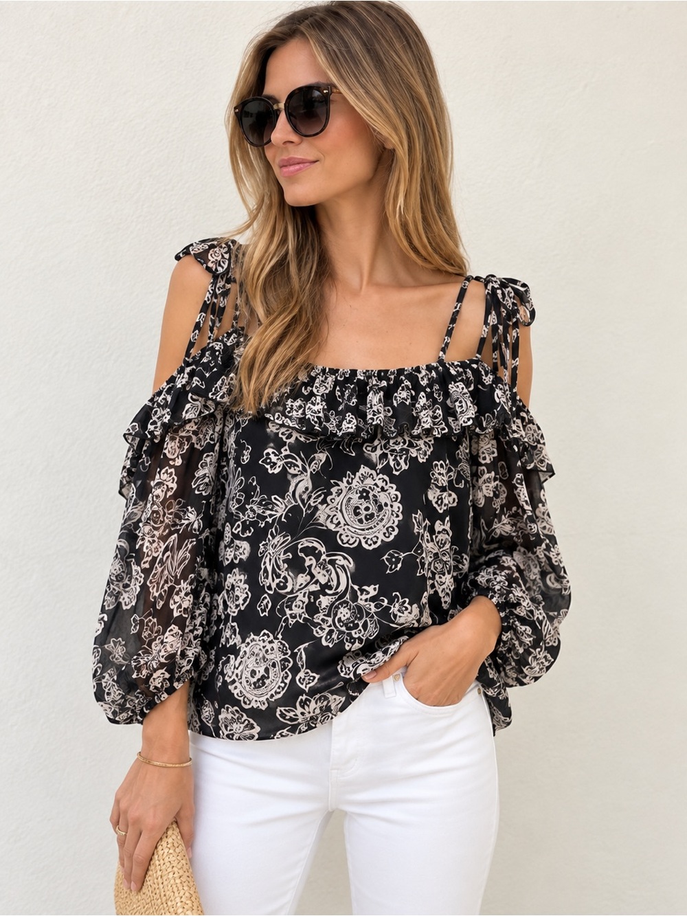 Ella Moss Black & Cream Floral Cold Shoulder Ruffle Blouse Top Size S